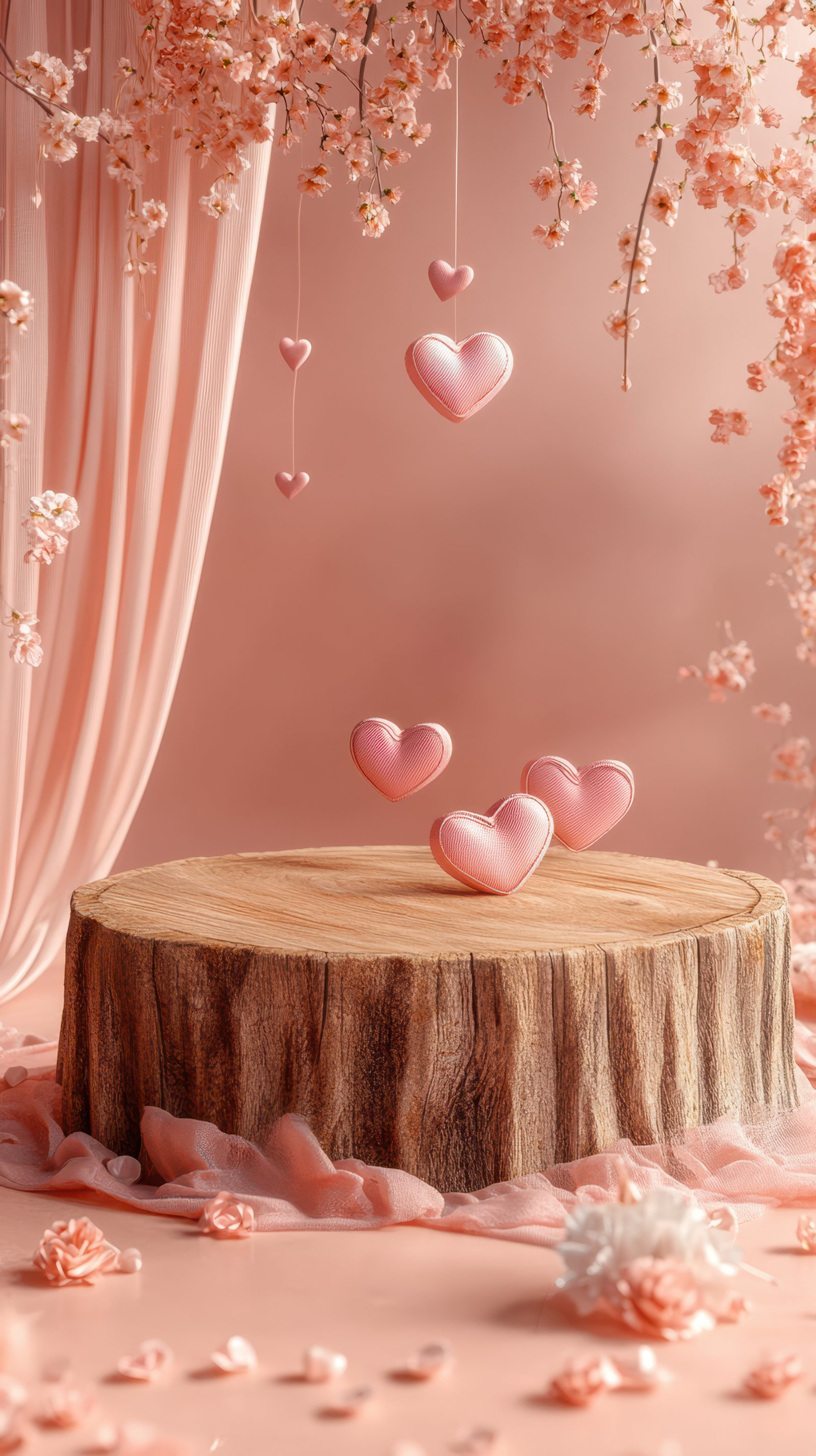 Decorative pink hearts and flowers on a wooden table with soft background